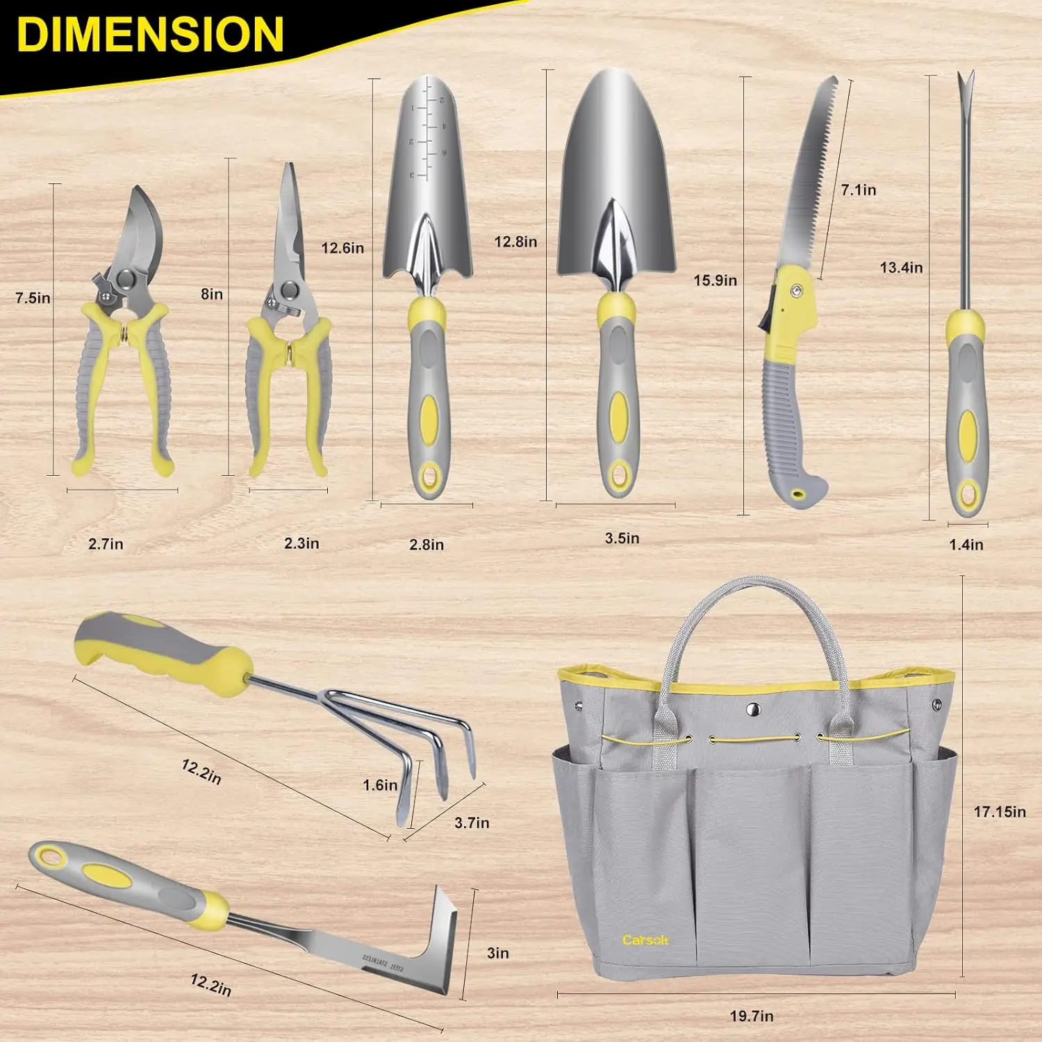 Garden Tool Set, Carsolt 10 Piece Stainless Steel Heavy Duty Gardening Tool Set For Digging Planting Pruning Gardening Kit With