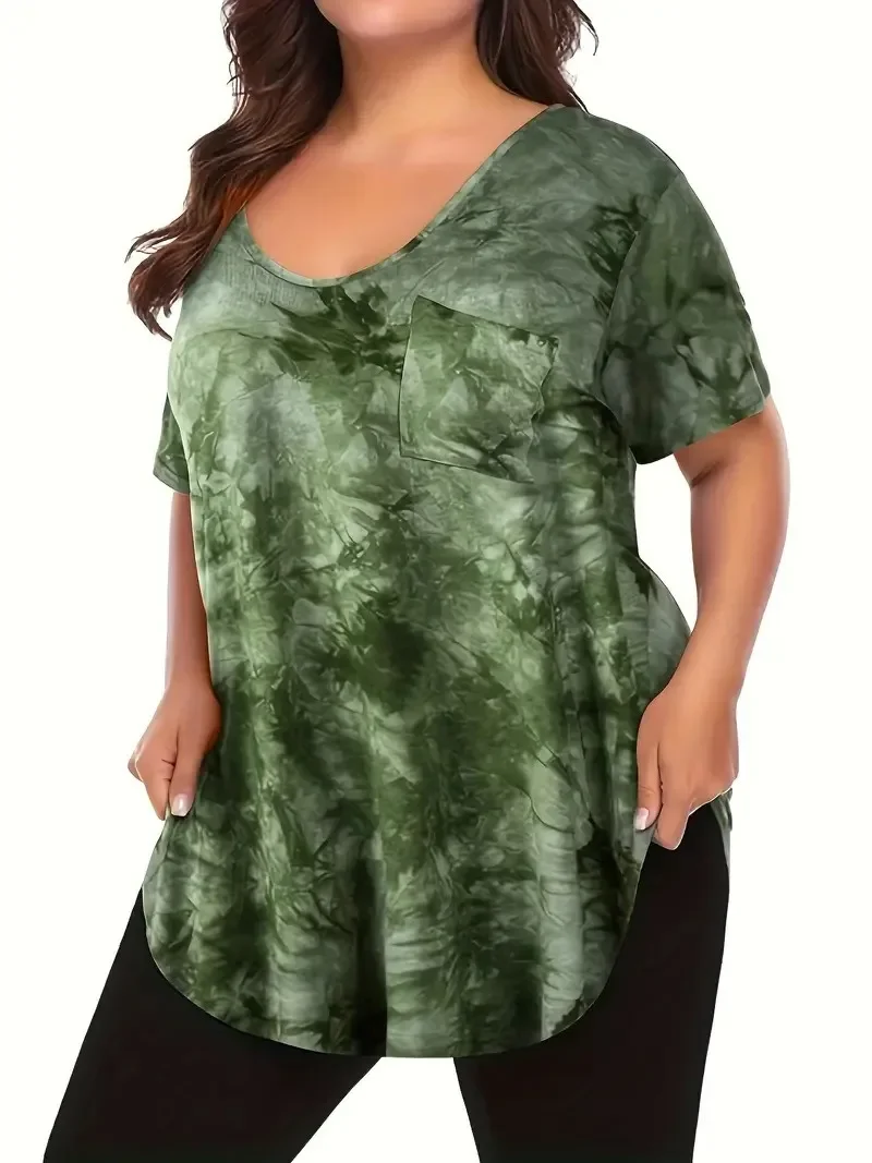 

Women's PlUS SIZEFashion V-Tie Pocket Casual Loose and Comfortable Tie Dyed Large Women's T-shirt Short Sleeved Top