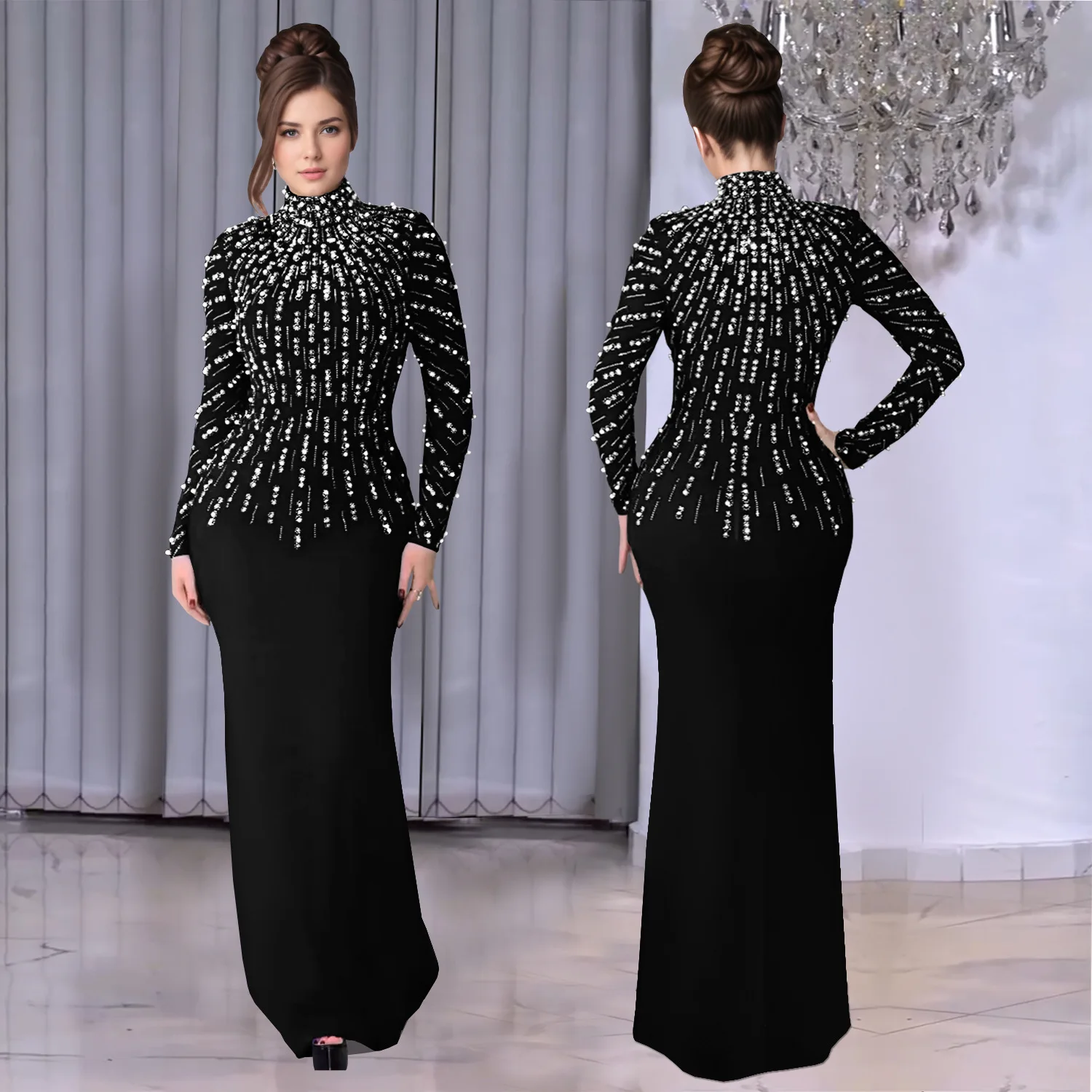 

customized women's adult European and American fashion costume temperament long sleeved nail bead rhinestone wrapped arm dress