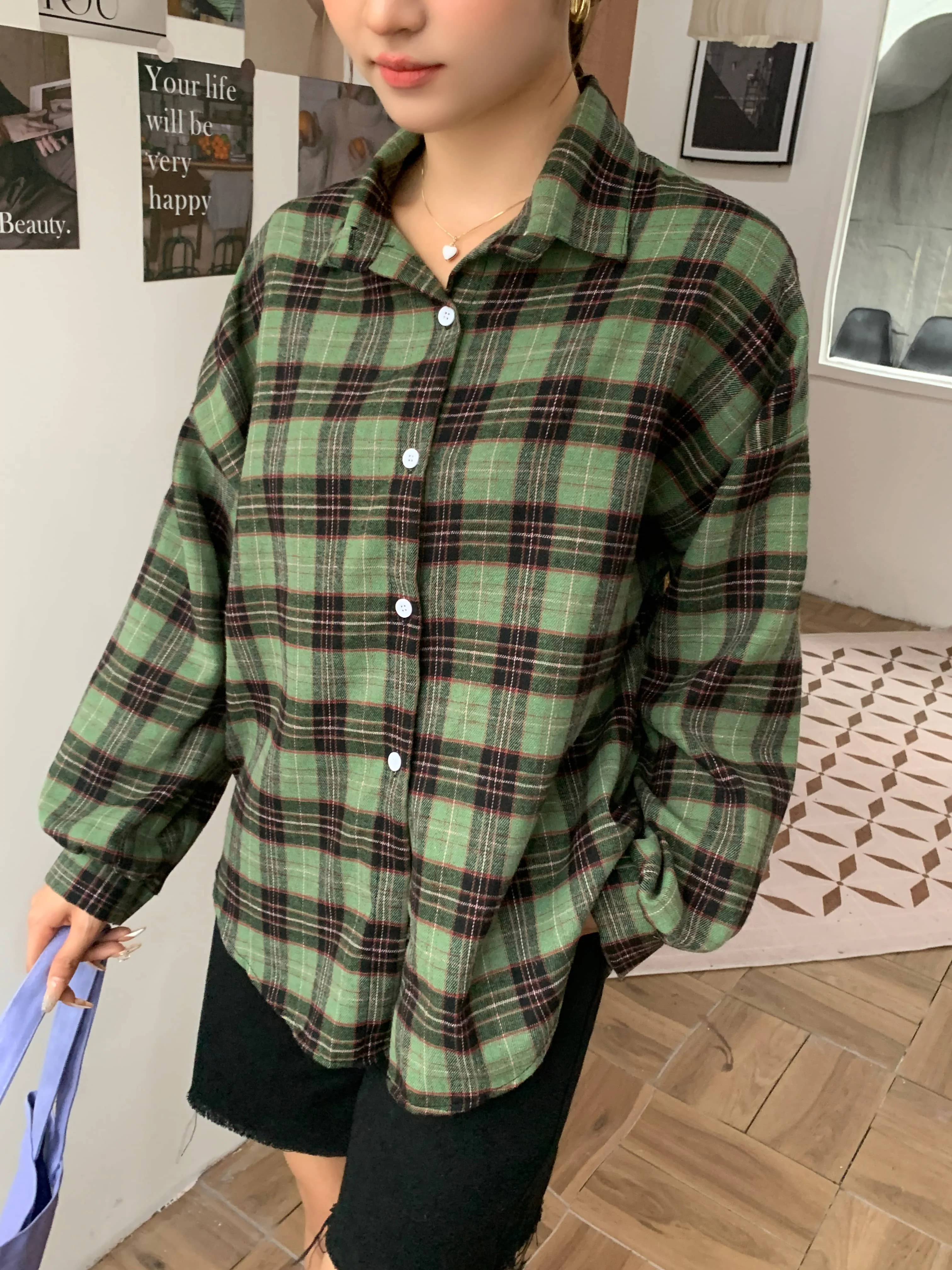 Chemise à carreaux verte pour femmes, col boutonné, surdimensionnée, chemisier, haut pour adolescente, Style petit ami, tenue chemises à carreaux