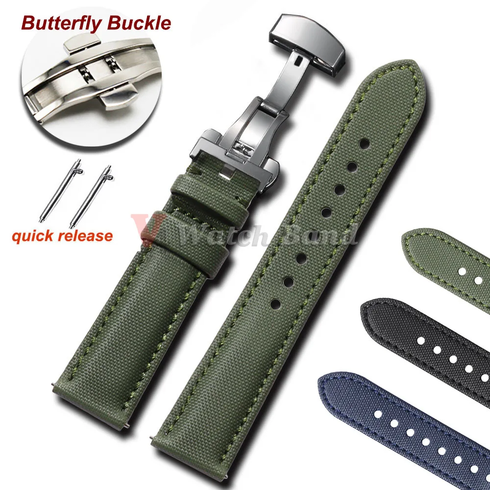 Sailcloth Nylon Leather Watchband for Omega Business Watch Band for Seiko 22mm 20mm Butterfly Buckle Stitching Green Blue Strap