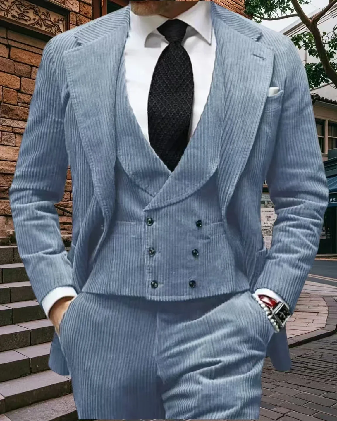 

Vintage Corduroy Men's 3-Piece Suit Tailor-Made Warm Velveteen Solid Color Set with Jacket Vest Pants for Formal Occasions