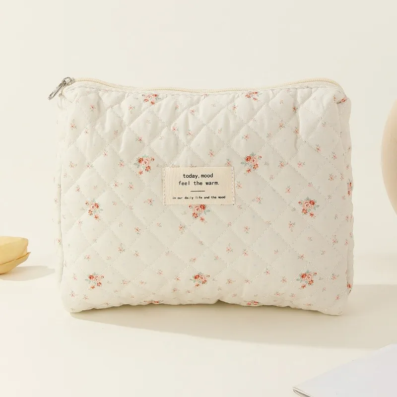 Quilting Blue Flower Makeup Bag Women Large Capacity Cosmetic Organizer Female Cloth Handbag Girl Portable Toiletry Pencil Case