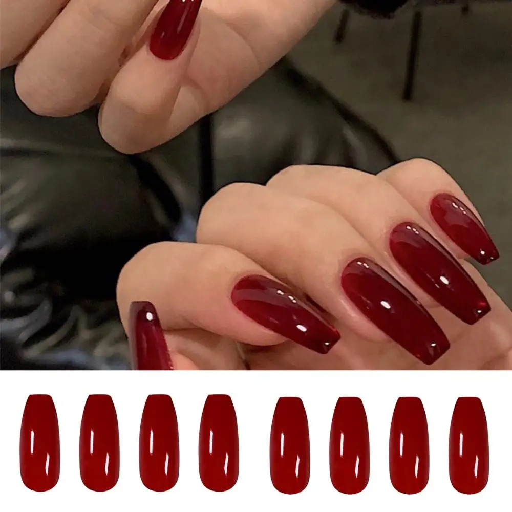 24pcs/Box Jelly Red Full Cover Coffin Nail Tips Fake Nails Wearable Long Ballerina False Nails