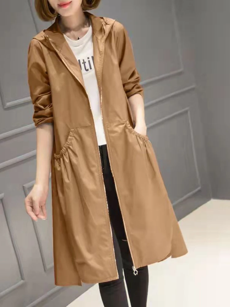 2024 Spring and Summer Women's Mid-length Hooded Trench Loose Korean Fashion Coats Thin and Light Windbreaker Women's Clothing