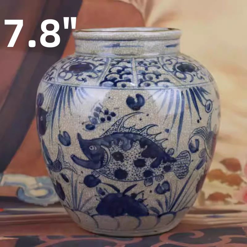 Yuan-Style Blue and White Porcelain Jar Fish Algae Pattern Handmade Chinese Vintage Home Decor Ceramic Collectible