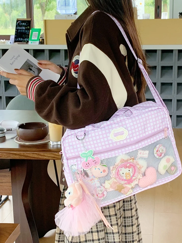 

Kawaii Large Capaci Plaid Tote Bag Handheld oulder Bag INS Sle Japanese Korean Faion Soft Nylon Square ape Daily Use