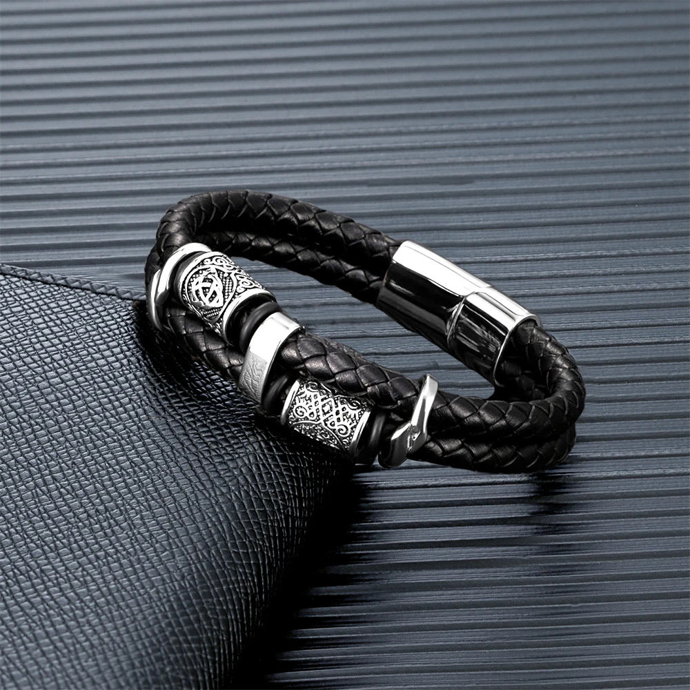 Punk Viking Double-Layer Genuine Leather Bracelet Men Stainless Steel Norse Runes Bead Compass Bangle Fashion Charm Jewelry Gift