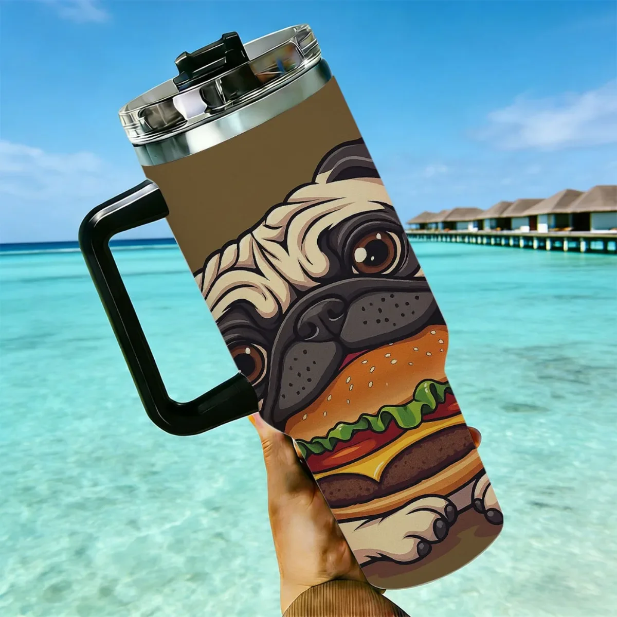 40oz Tumbler with Handle Cute Pug Dog Print Insulated Cup, Other Colors Out of Stock, Random Black‑White Shipment