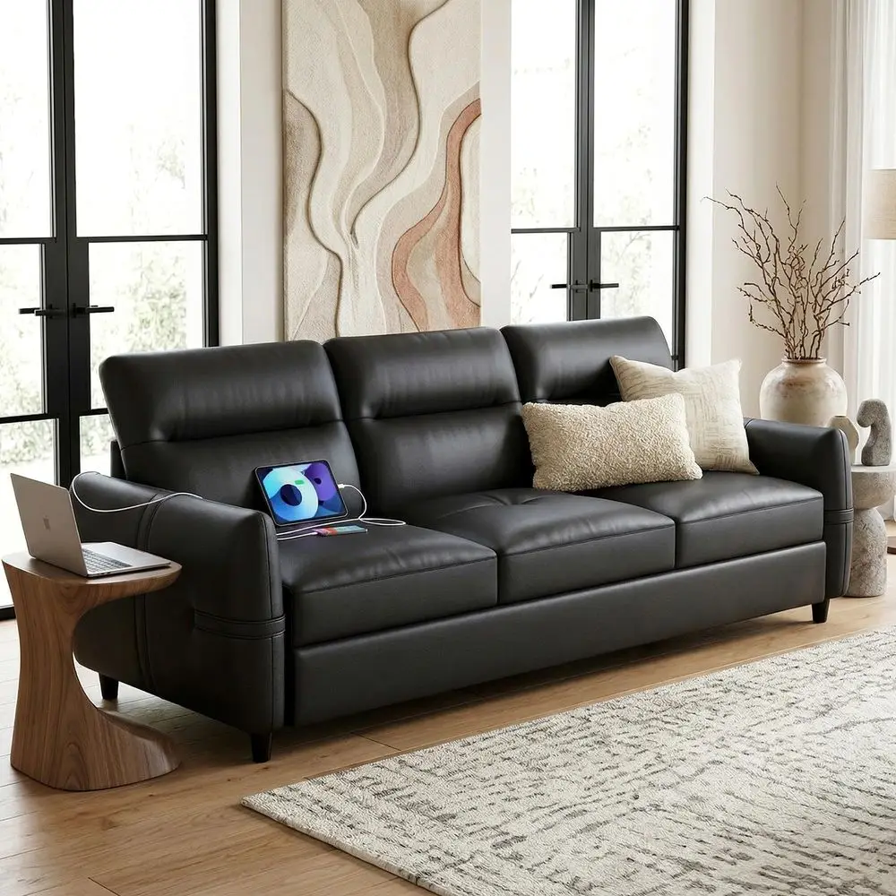 

85 Black Faux Leather Couch with USB, 3 Seater Sofa Couches for Living Room, Large Mid Century Modern Office Apartment Couch Bl