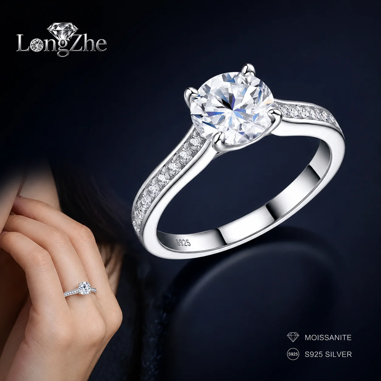 LongZhe Moissanite Ring Silver 925 Rings for Women 1CT 6.5mm Four Prong Pave Ring 925 Sterling Silver Fine Jewelry Wedding Gifts