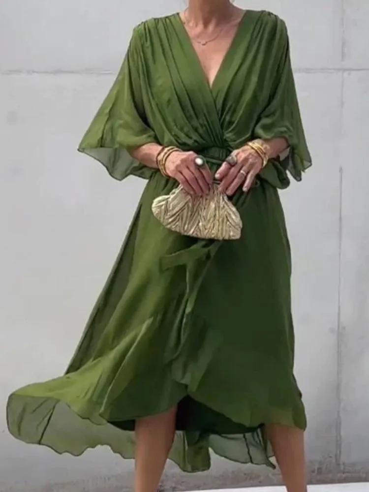 Spring Summer V Neck Loose Long Irregular Dress Women Sexy Green Batwing Sleeve Lace Up Pleated Boho A-Line  Midi Dresses Robe