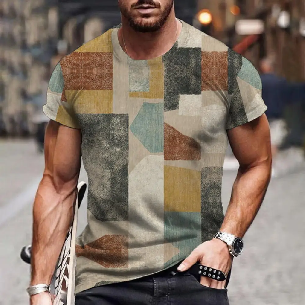 Spliced Men's T-Shirt Retro Short Sleeved Tees 2024 New Men's Clothing Plaid Pattern Printed T-Shirts Oversized European Tops