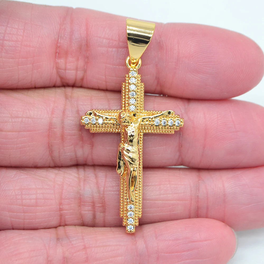 Colgante de Cruz de crucifijo de Jesús religioso para hombres, circonita cúbica transparente, Color dorado, alta calidad