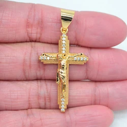 High Quality Gold Color Clear Cubic Zirconia Men Religious Jesus Crucifix Cross Pendant