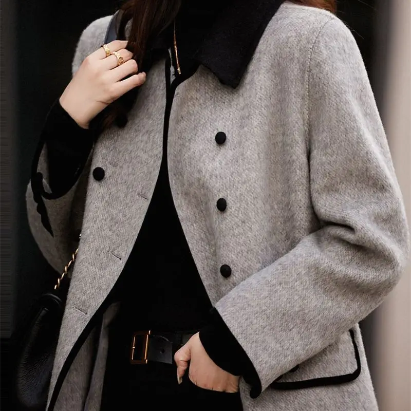 New Fashionable Contrasting Collar Woolen Coat with Slimming and Casual Plus Size Woolen Coat for Women