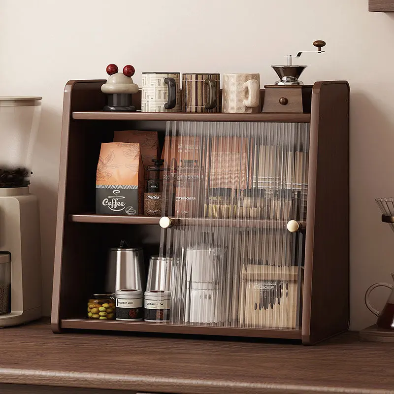 Mid-Century Modern Bamboo Cup Rack Multi-Tier Drinkware Organizer forKitchen Counter Dustproof Storage Cabinet forHome Sideboard