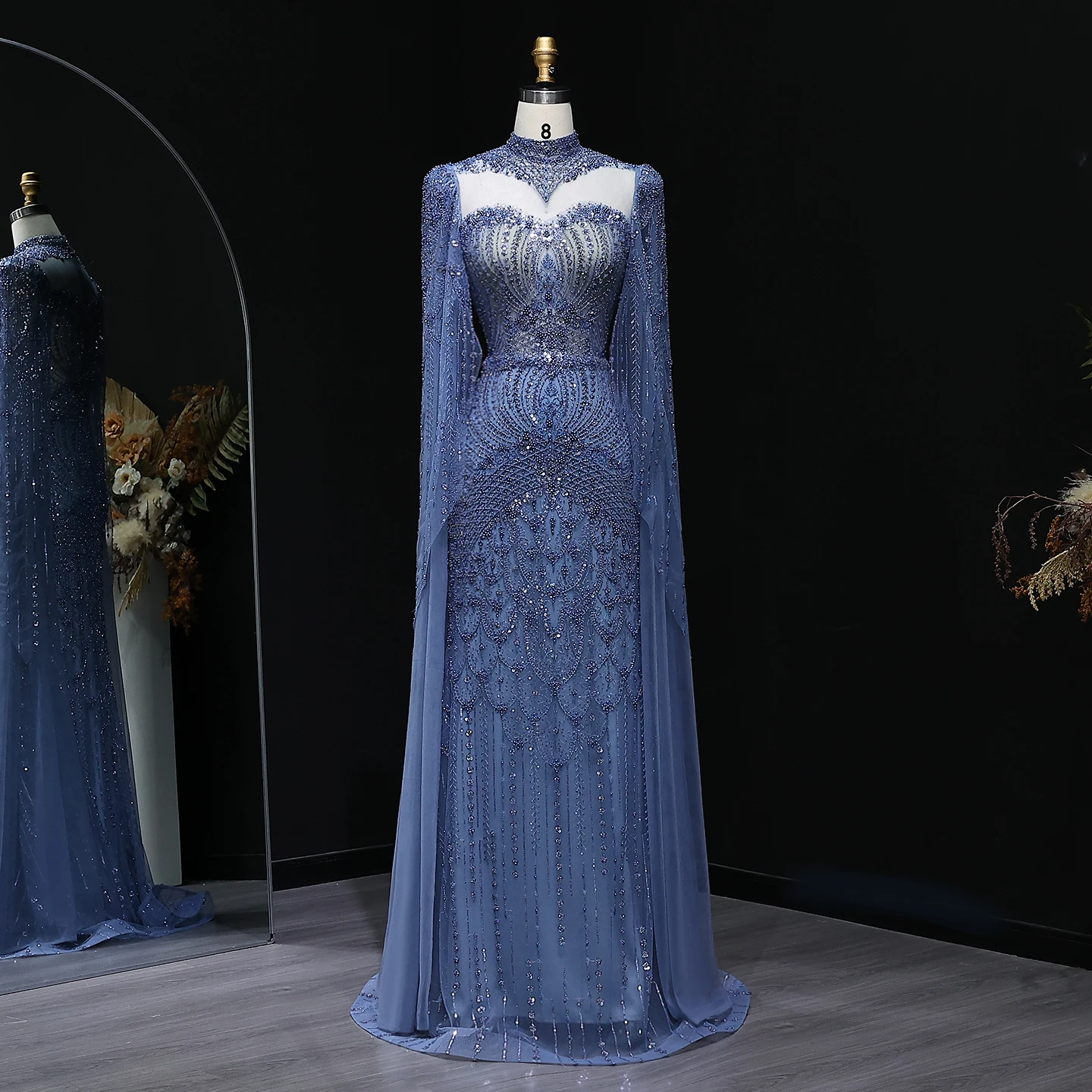

Sharon Said Elegant Blue Beaded Evening Dress with Cape Sleeves High Neck Arabic Party Gown for Wedding Guest SS636 Customized