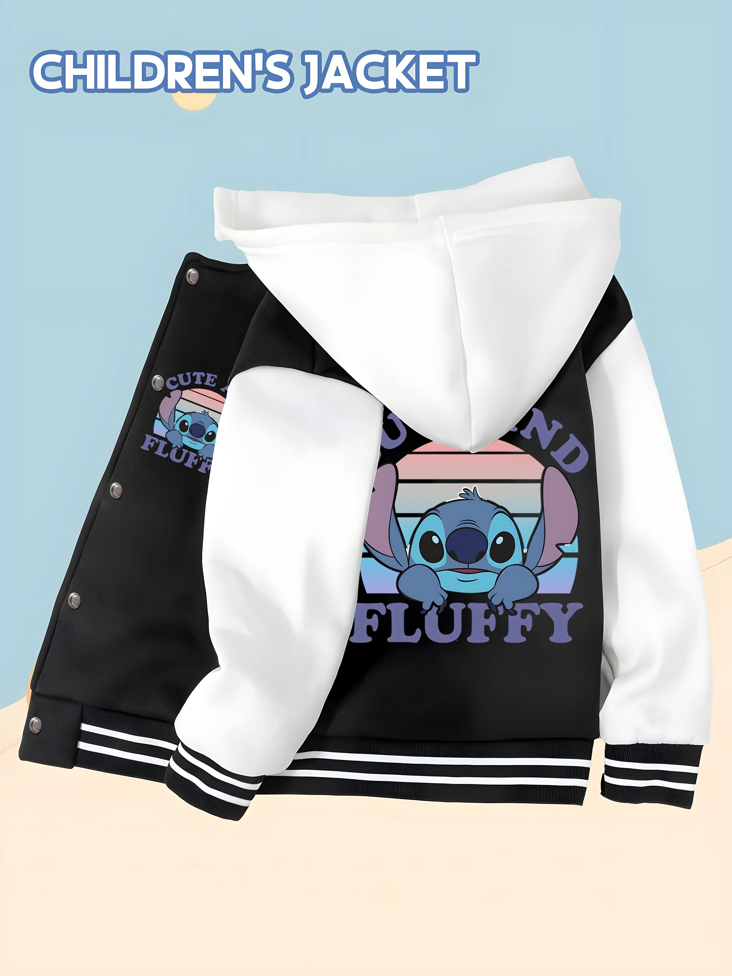 

MINISO Disney Boys' Baseball Jacket - Stitch "Cute and Fluffy" slogan, gradient pattern, comfortable for casual parties