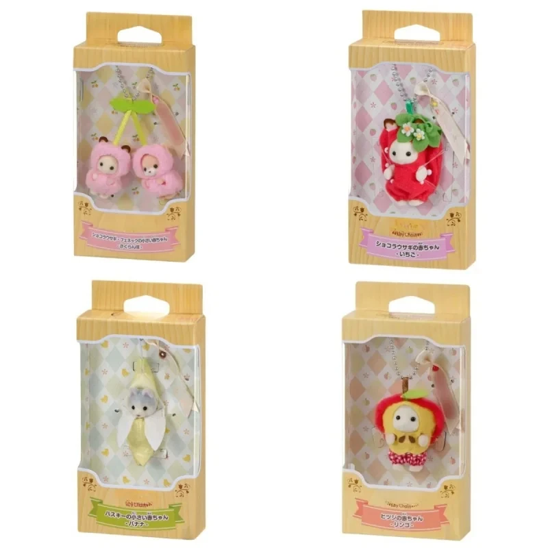 Original Sylvanian Families Flocking Doll Apple And Cherry Pendants Figure Collectible Children Toys Kawaii Room Decor Kid Gift