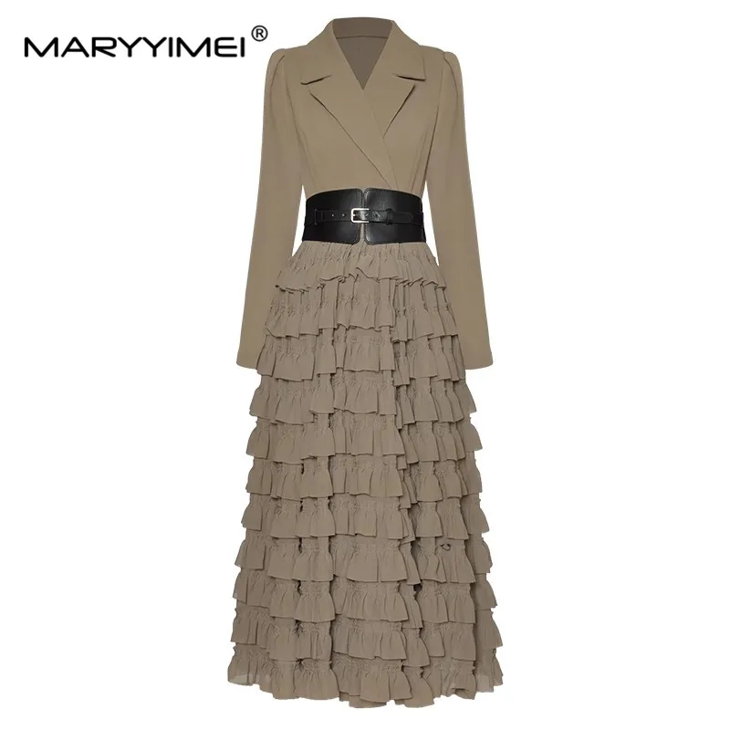 

MARYYIMEI Autumn Winter Fashion Women's dress Long sleeved Belt Tiered Ruffles Elegant Commuter Dresses