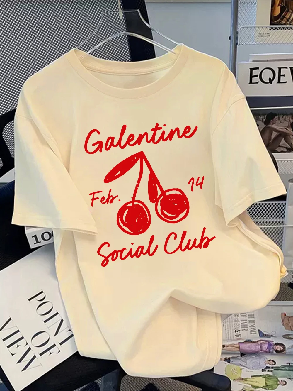

Summer T-Shirts Cotton Womens Red Cherry Club Printing Short Sleeve Tees Comfortable Soft O-Neck Tops All-Match Womans Clothes