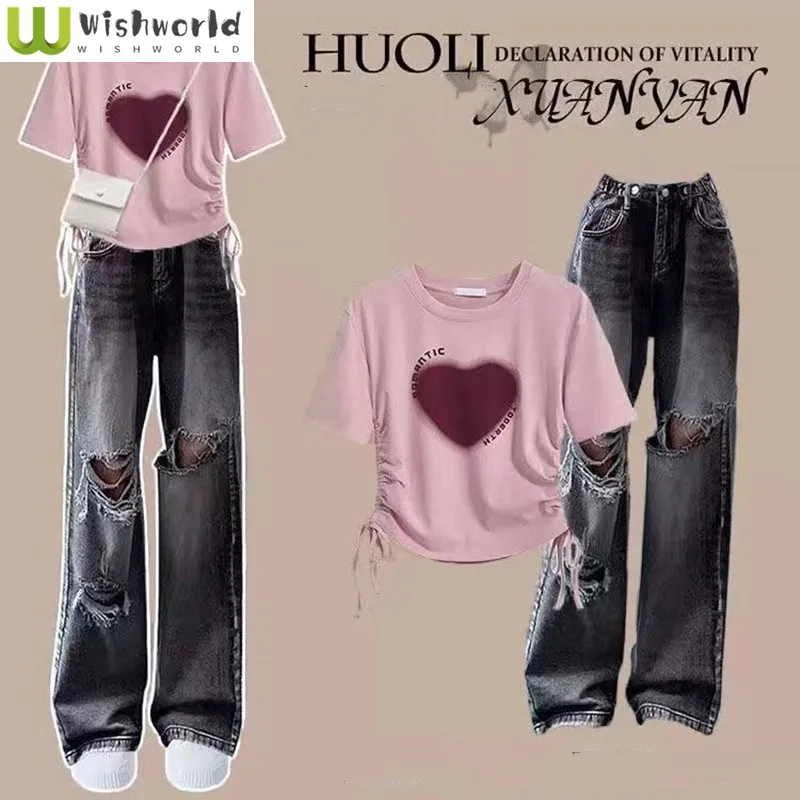 

Summer Set for Women's Korean Version Spicy Girl Short Sleeved T-shirt+personalized Slimming Distressed Jeans Two-piece Set