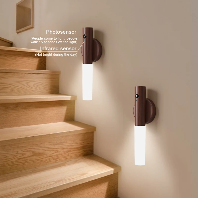 Imagem -03 - Led Wood Usb Night Light com Sensor de Movimento Lâmpada de Parede Magnética Armário Armário Escada Quarto Mesa Cabeceira Iluminação