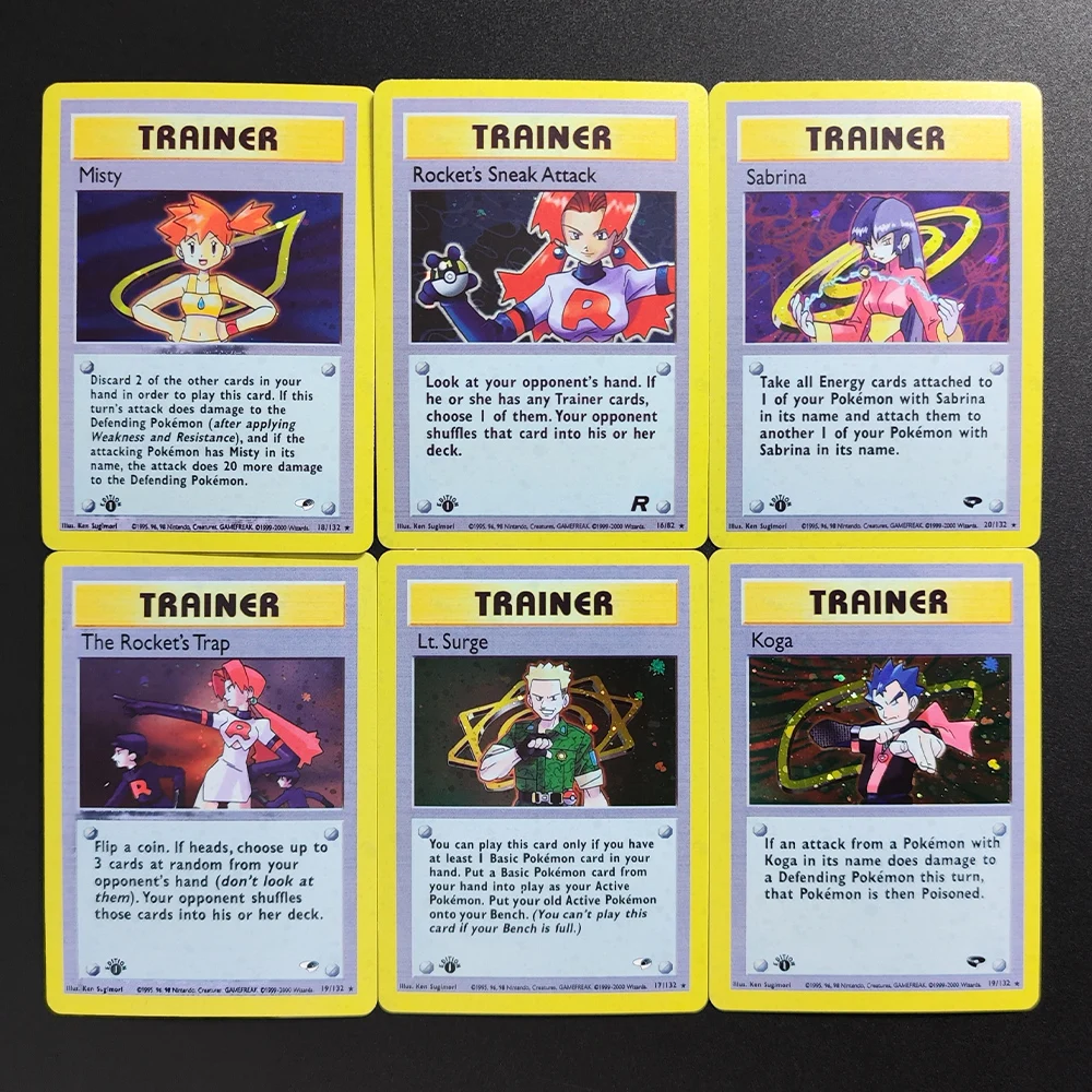 cartao-Unico-raro-proxy-pocket-monster-2000-pm-gym-the-rocket's-trap-sabrina-misty-ltsurge-koga-cartoes-de-jogo-classico-de-anime-brinquedos