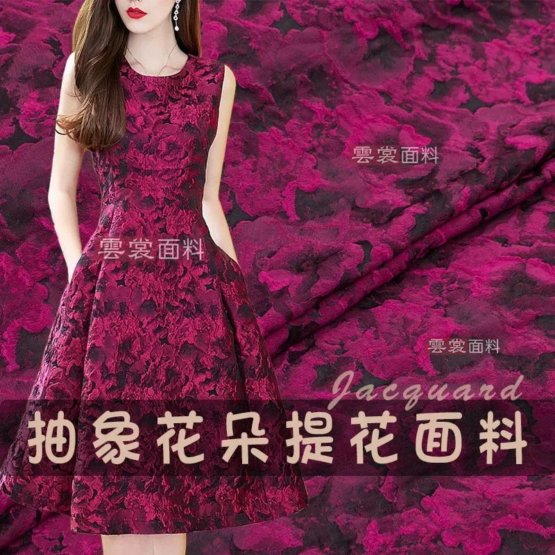 Rose Red Abstract Jacquard Fabric Spring Autumn Flower Dress Windbreaker European Brand Fashion Design Sewing Wholesale Cloth