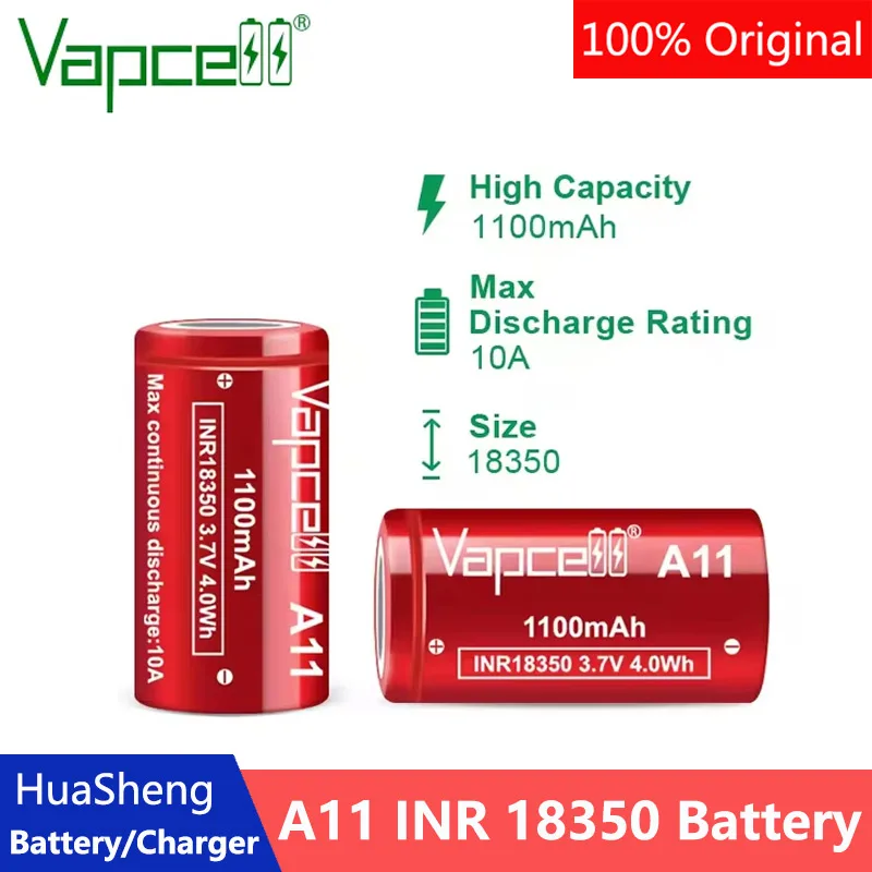 High Power 1100mah INR 18350 Battery Vapcell A11 Reachargeable Li Ion Batteries 10A 3.7V 100% Original For Flashlight Toys UAV