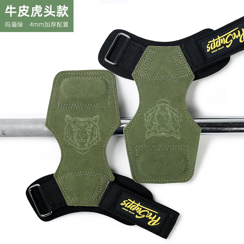 4mm Double Layer Cowhide Gym Hand Grips with Wrist Strap Weight Lifting Palm Protector Anti-slip Workout Gloves for Pull-ups Dea