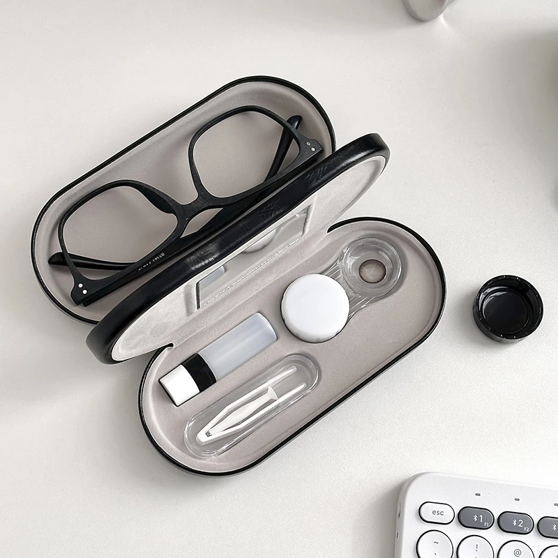 In 1 Double Layer Glasses Box Contact Lens Case For Men Women Creative Dual Use Glasses Case Eyewear Leather Box Unisex Gift 2