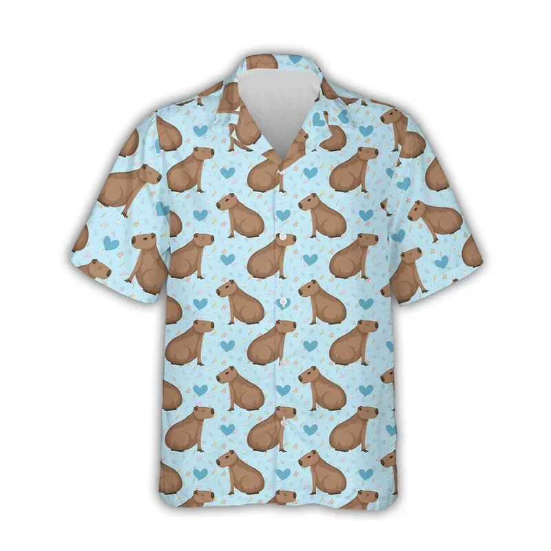 Kawaii Capybara Patroon Shirt Heren 3d Bedrukt Hawaii Aloha Strand Heren Shirt Met Korte Mouwen Cool Top Revers Shirt