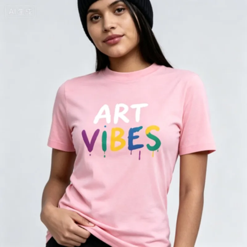 Ladies Crewneck Casual T‑Shirt, Vibrant Slogan Doodle Print Tee, Graffiti Hand‑Drawn Cotton Women Short Sleeve Top