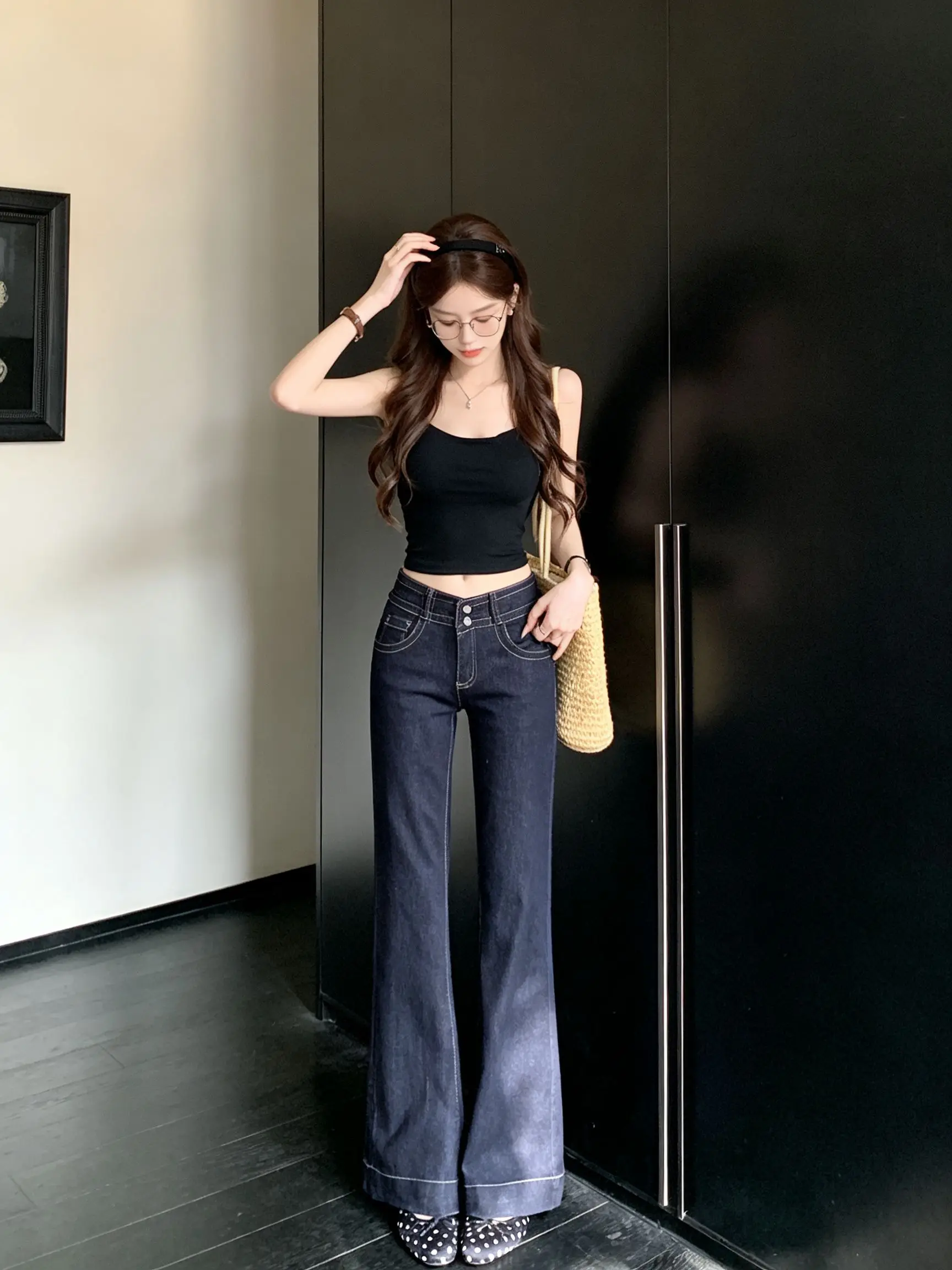 Deep Blue Low Waist Flared Jeans Women's Stylish Slimming Straight Leg Pants Autumn New Style Retro Hot Girl Versatile Long T...