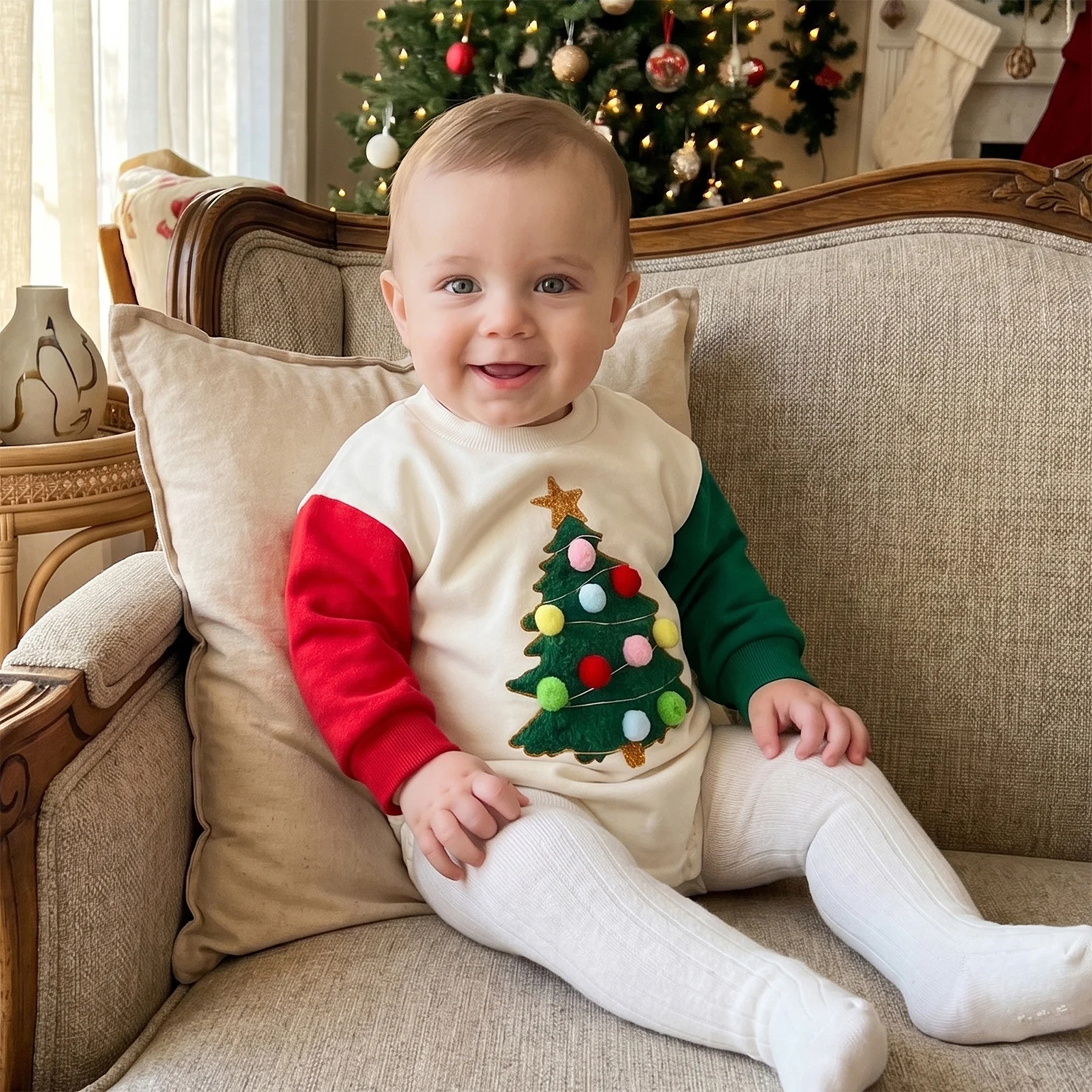 Baby Christmas Romper Christmas Tree Pattern Contrast Color Crew Neck Long Sleeve Sweatshirt Jumpsuit Xmas Bodysuits