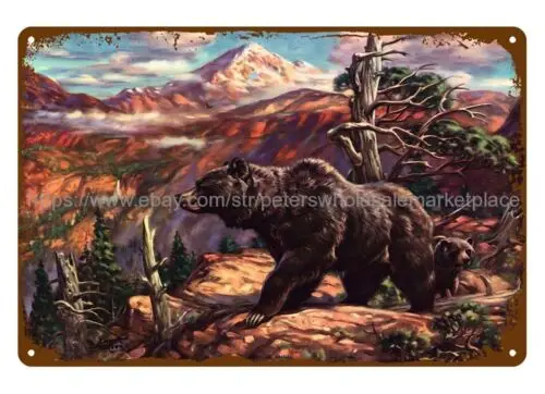 vintage repro wild life bears mountain metal tin sign wall cottage farm houses sign