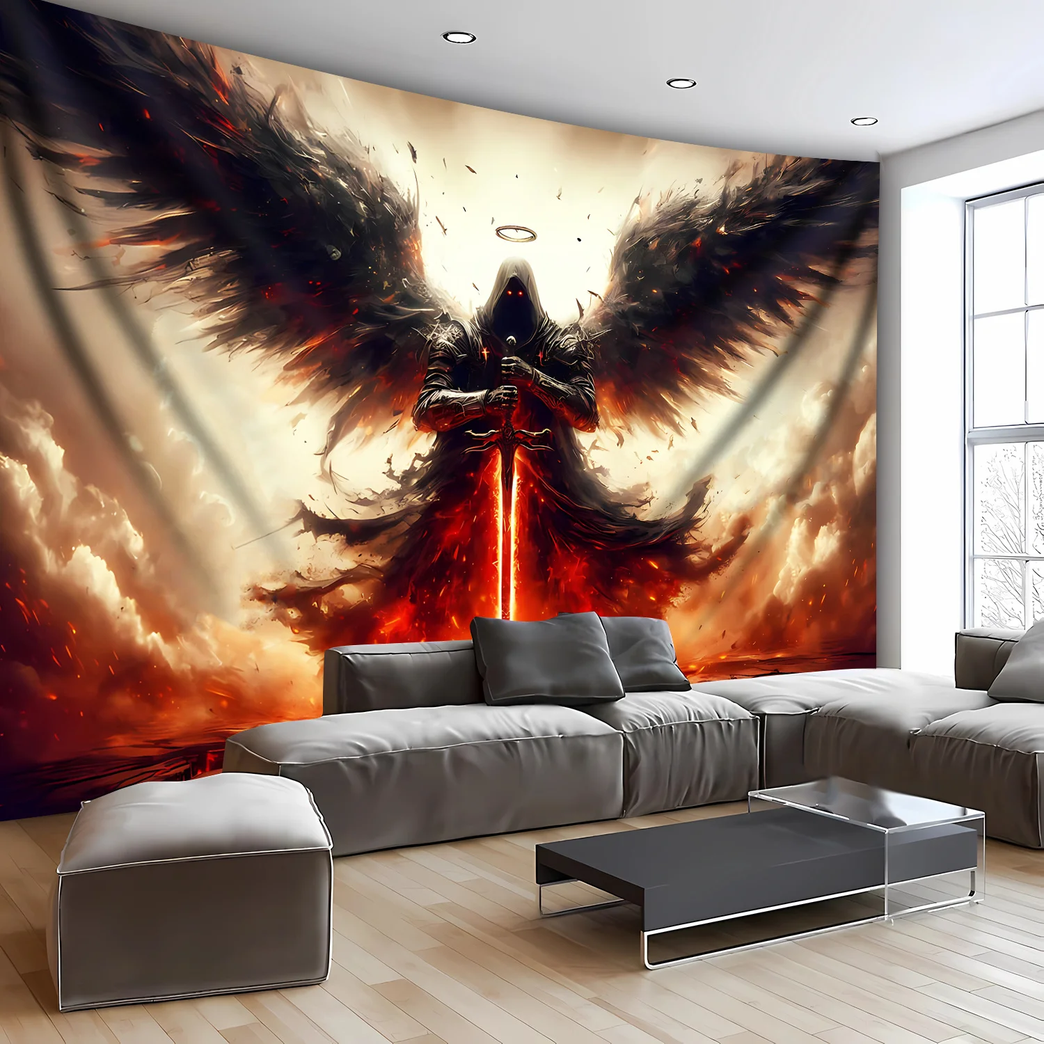 1pc Ultra Large Dark Angels Landscape Tapestry - Premium Polyester HD Digital Print Wall Hanging with Geometric Patterns & Drama