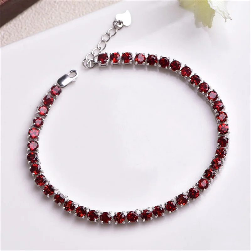 

925 Silver Jewelry Natural Garnet Bracelet Tennis Chain Gemstones with Certificate 15+3cm