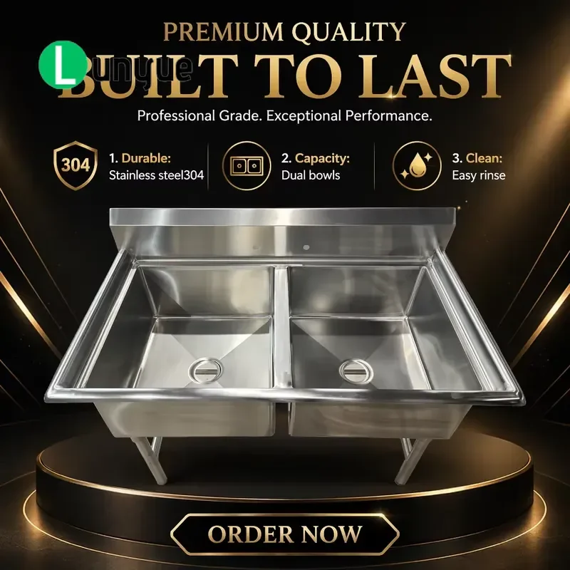 Heavy Duty Double Bowl Kitchen Sink Brushed 304 Stainless Steel Industrial Grade Commercial Restaurant Farmhouse 300kg Load