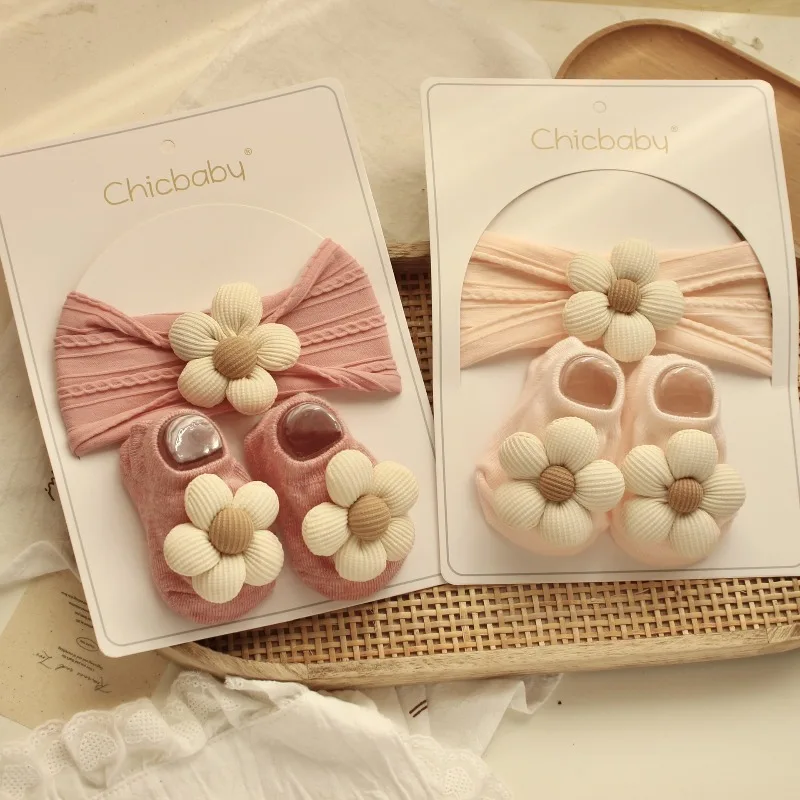 Newborn Baby Headband Socks Set Blue Knit Flower Turban Headwrap Non-slip Socks for Infant Girls Boys Photography Props B9689