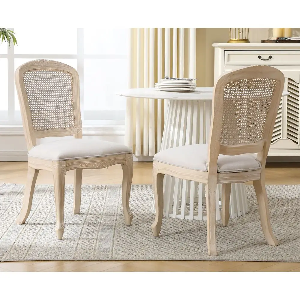 

French Country Dining Chairs Set of 2, holstered Linen Dining Room Chairs with Square Rattan Back Natural Curved Leg Farmhous