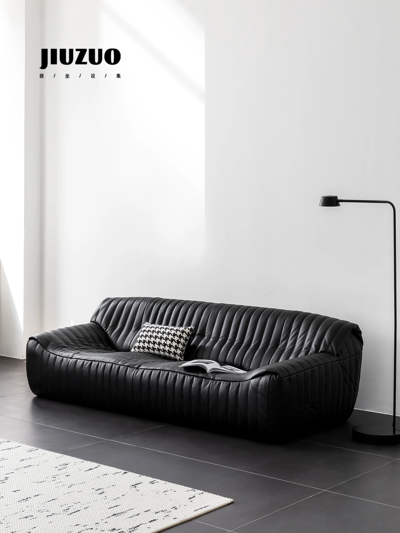 Sitting lazy black and white leather three or four people combination floor lazy sofa alpaca flannel