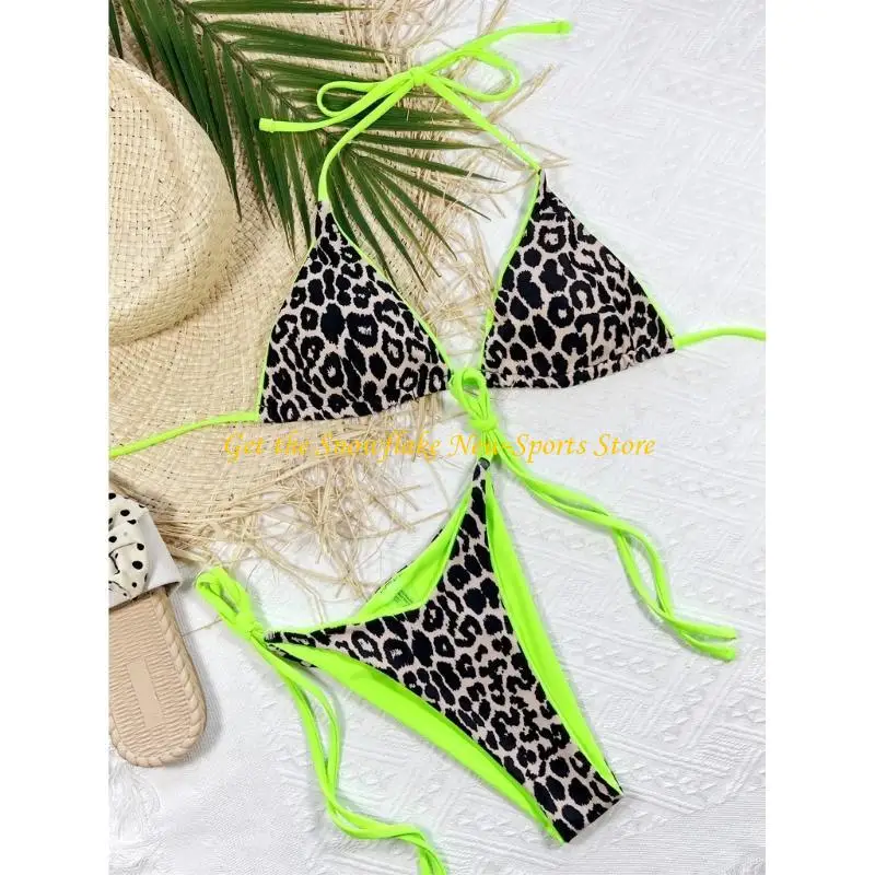 E56D Dames Tie Side Side Swimsuit Tweede stuk badpakken Leopard Print Halter Set