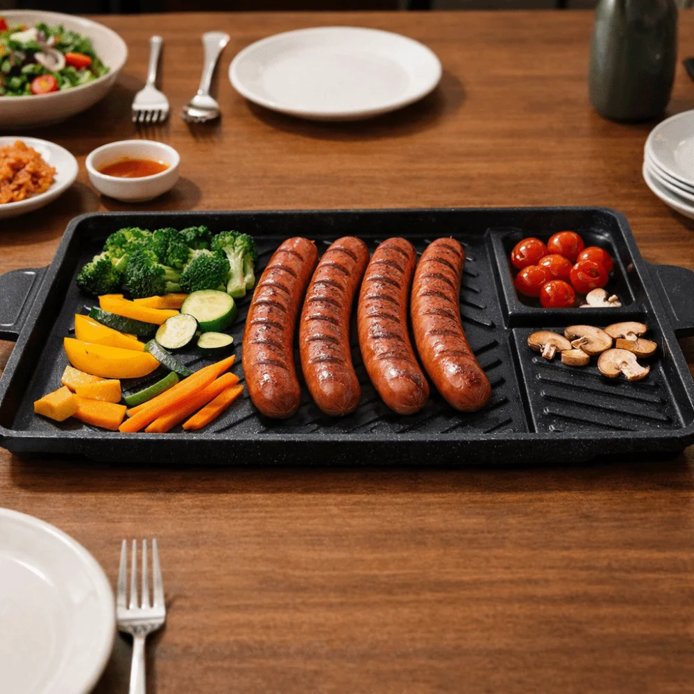 Aluminum Alloy Korean-style Barbecue Pan Non-stick Rectangular Grill Meat Plate with Oil Drain Port Grill Tray Camping