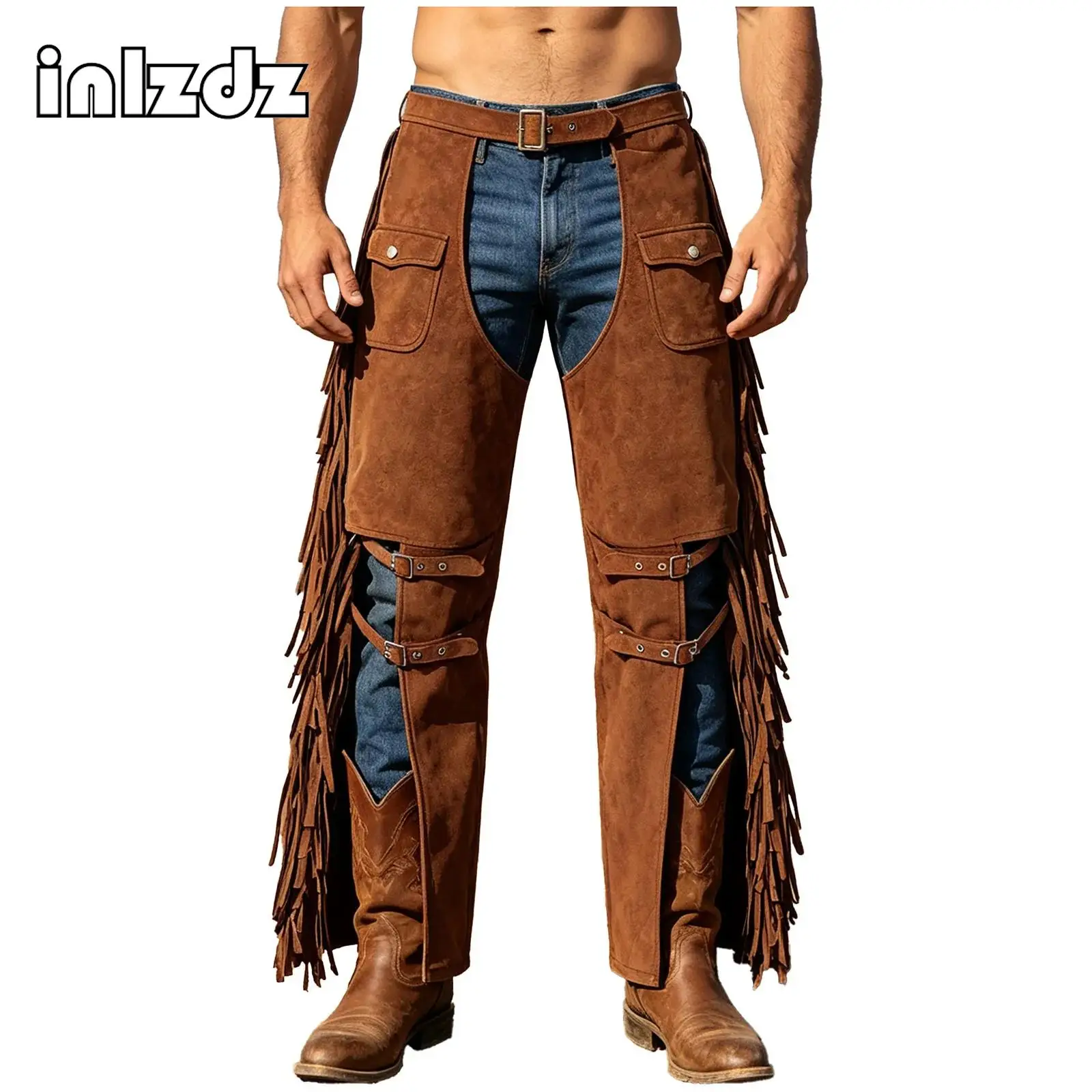 Disfraz de vaquero del oeste para Halloween, para hombres, con pantalones tipo chaps de ante sintético, ideales para montar a caballo o en bicicleta, con flecos laterales y abertura en la entrepierna.