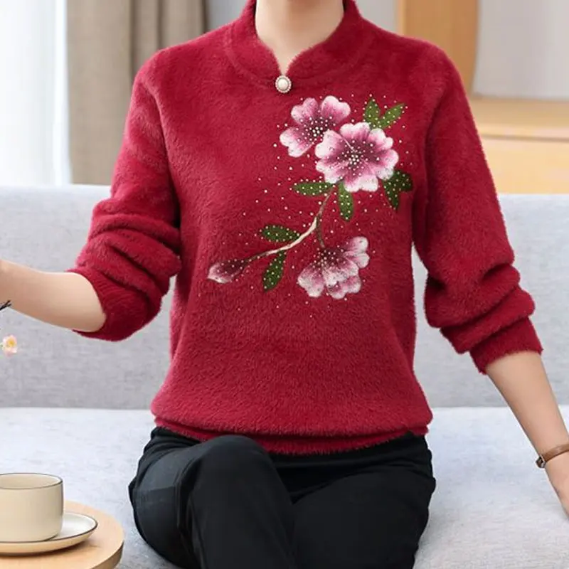 Women\'s Clothing Floral Embroidery Stand Collar Sweaters Autumn Winter Vintage Loose Pearl Diamonds Long Sleeve Thick Jumpers