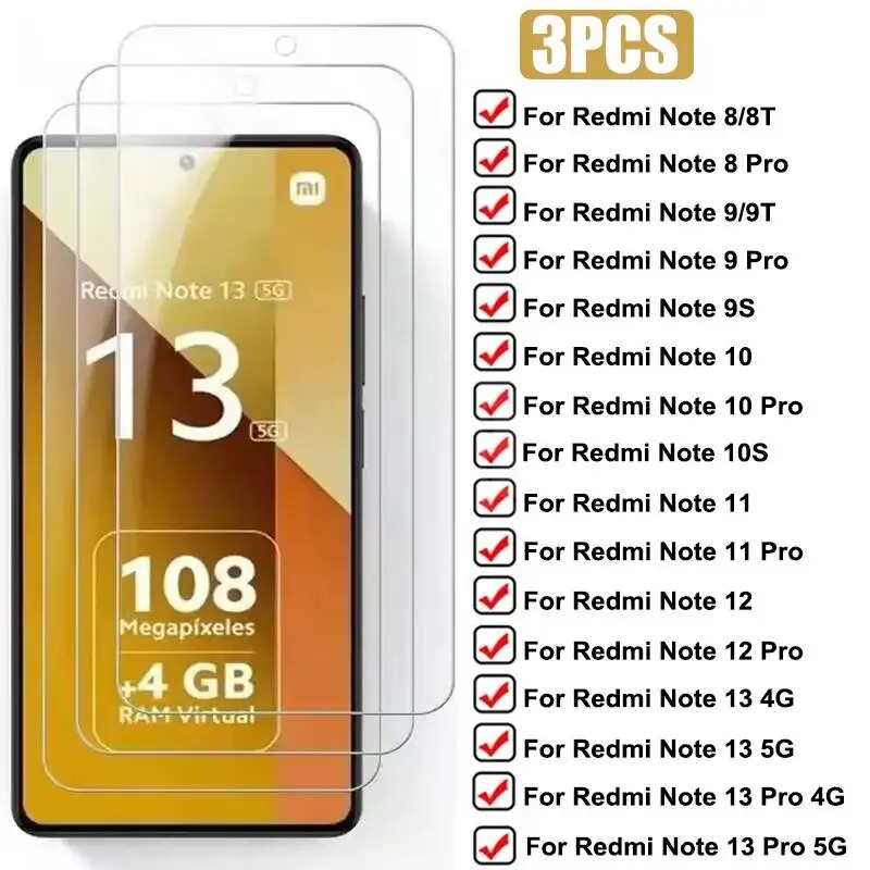

Защитное стекло из закаленного стекла для Xiaomi 8, 9, 10, 8T, 9T, 9S, 10S, Redmi Note 12, 13 Pro 5G, 12S, 14 (3 шт.)