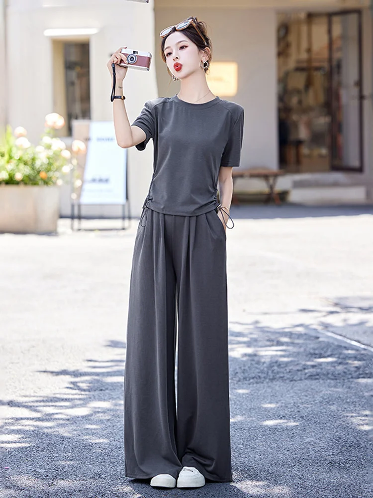 

Fashionable Sporty Thin Women's Set Summer New Loose Wide Leg Pants T-Shirt Two-Piece Set Comfortable Lightweight Short Sleev...